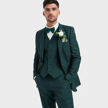 Naujausias Tamsiai Žalia Vyrų kostiumas Tuxedos Groomsmen Geriausią Vyro Kostiumus 3 Gabalus Vestuves Kostiumai (Švarkas+Kelnės+Liemenė) Kostiumas Homme
