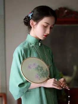 Kietojo Pusė Rankovės Cheongsam Suknelė Vintage Mandarinų Apykaklės Kinų Stiliaus Qipao Suknelė moteriški Drabužiai