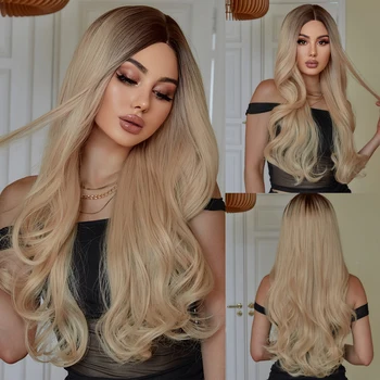 Ombre Brown Light Blond Platinum Ilgi Banguoti Vidurinė Dalis Plaukų Perukas Cosplay Gamtos Karščiui Atsparus Sintetinis Perukas Moterims