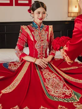 Kinų Tradicinė Vestuvinė Suknelė Moterims Cheongsam Qipao Raudona Blizgučiai Duobute Siuvinėjimo Kutai Rytų Taurę Drabužiai