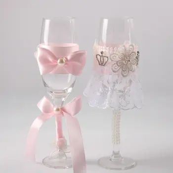 Naujausia 1 pora rožinė bowknot vestuvių vyno taurės Vestuvių Nuotakos Dušas Dovana vestuvių Šampanas Skrudinimas Akiniai Nustatyti