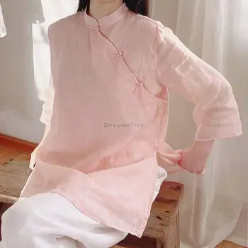2023 elegantiškas medvilnės cheongsam palaidinė kinų stiliaus viršaus moterų vidutinio ilgio marškinėliai prarasti septyni-taško mova retro viršuje moterų s110