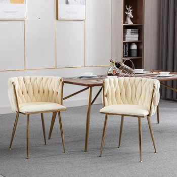 Modernus Dizainas, Aukso Metalo Rėmas Aksomo Audinio Valgomojo Kėdės su Aukso Kojos,2,Dramblio kaulo