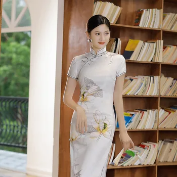 Plius Dydis 3Xl 4Xl Rašalo Lotus Spausdinti Cheongsam Elegantiškas Viskozė Qipao Moterys Naujas Kinų Stiliaus Suknelės, Mandarinų Apykaklės Vestidos