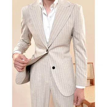 Elegantiška Prabanga Vestuvių Kostiumai Vyrams Švarkas Juostele Viena Breasted Coatume Pasiekė Atvartas Oficialus Slim Veste Homme Luxe