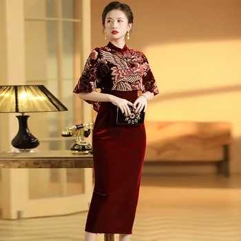 Tradicija Kinų Stiliaus Veliūras Cheongsam Mandarinų Apykaklės Suknelės Krano Žaliojo Kratinys Qipa Moterų Elegantiškas Vestidos Slim Qipaos