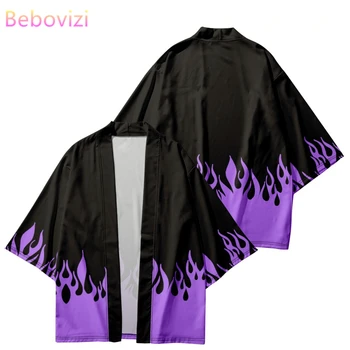 Juodas Kimono Cosplay Samurajus Violetinės Liepsnos Spausdinti Haori Moterų, Vyrų Megztinis Yukata Kostiumas Japonijos Tradicinių Drabužių Streetwear