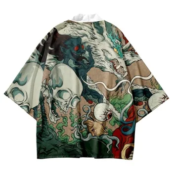 Streetwear Skeletas Spausdinti Cosplay Megztinis Mados Paplūdimio Yukata Tradicinių Kimono Japonijos Moterų, Vyrų Marškinėliai