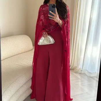 Mados Moterų vakarinę Suknelę Įgulos Kaklo Su Skara Nėrinių Kelnes Elegantiškas Satino Dubajus Oficialus Prom Šalies Chalatai