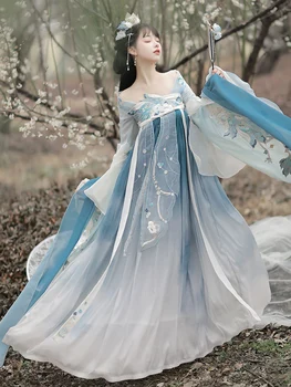Moterų Kinijos Tradicinės Mėlynos Hanfu Kostiumas Naujas Stilius Ponia Han Dinastijos Suknelė Siuvinėjimo Jin Wei Dinastijos Princesė Liaudies Šokis