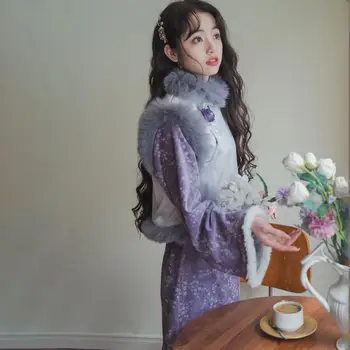 Moteris Rudens-Žiemos Sutirštės Šiltas Pliušinis Cheongsam Vest Kinijos Retro Stiliaus Elegantiškas Temperamentas Mados Visas Rungtynes Suknelė