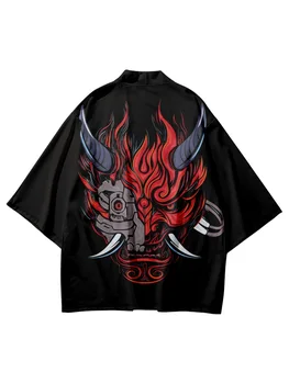 Streetwear Samurajus Japonų Stiliaus Juodas Demonas Spausdinti Kimono Ir Šortai Rinkinys Vyrams Yukata Cardigan Cosplay Haori Azijos Drabužių