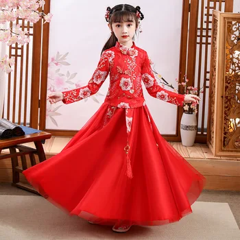 Merginos Žiemos Naujas Kinijos Retro Stiliaus Hanfu Suknelė Vaikus Ilgomis Rankovėmis Senovės Tradicinių Cheongsam Sijonas Veiklos Suknelės