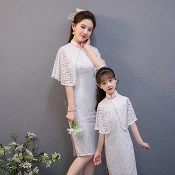 Vasaros Moterų Nėriniai Kinijos Tradicinės Qipao Tėvų-vaikų Apranga Šalis Suknelė Mergaičių Gražių Siuvinėjimo Elegantiškas Cheongsam