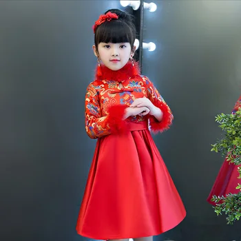Ilgomis Rankovėmis Mergaitėms Cheongsam Kinų Naujieji Metai Suknelė Vaikų Kinų Suknelė Žiemos Naujas Šalis Suknelė Graži Princesė Suknelė