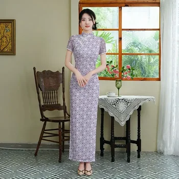 7 Spalvų Pagerėjo Ilgai Cheongsam Moterims, Elegantiška Suknelė Plius Dydis Kinų Stiliaus Šou Vakarą Moteriška Suknelė Trumpomis Rankovėmis Retro Qipao