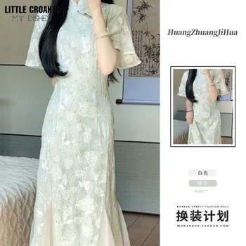 Moterų Naujų Cheongsam Kinų Stiliaus Pagerėjo Qipao Suknelė 2023 Vasaros Naują Švelnus, Elegantiškas Ilgas Chong Suma Kinų Suknelė