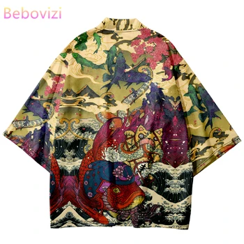 Japonų Stiliaus Žuvų Spausdinti Kimono Marškinėliai Haori Mados Vasaros Paplūdimio Yukata Vyrai Moterys Tradicinis Megztinis Azijos Drabužių