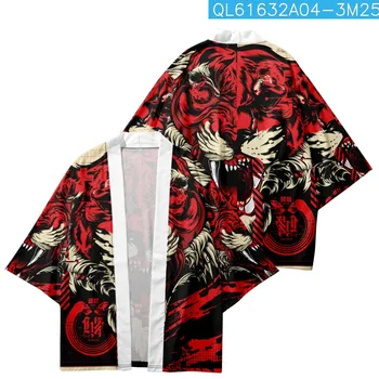 Vasaros Cosplay Vyrai Moterys Yukata Marškinėliai Palaidinė Samurajus Tradicinių Raudonųjų Spausdinti Kimono Japonų Anime Drabužius Cardigan