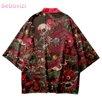 Japonų Anime Demonas Spausdinti Raudoną Kimono Marškinėliai Tradicinių Streetwear Cardigan Drabužius, Moterims, Vyrams Haori Viršuje Yukata