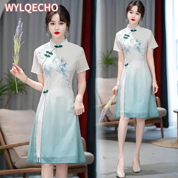 2023 Tradicinių Trumpas Rankovės Qipao Suknelė Naujas Elegantiškas Retro Stiliaus Modifikuotų Cheongsam Kinijos Moterų Drabužiai