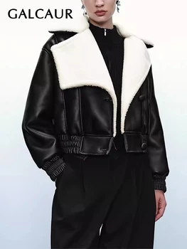 GALCAUR Streetwear Colorblock Prarasti Odinės Striukės Moterims Atvartas ilgomis Rankovėmis Kratinys ėriukų vilna Atsitiktinis Mados Paltai Moteris