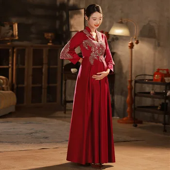 Kinijos Xiuhe Qipao Drabužių Motinystės Brides Raudona Plius Dydis Cheongsam Aukšto Juosmens Nėščioms Moterims Vestuvių Skrudinta duona Suknelė 2023