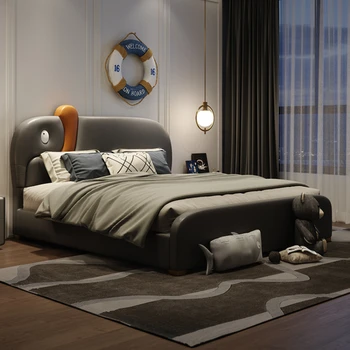 Prabangus odinis lova vaikams, viengulė lova berniukams, modernus ir paprastą nedidelio dydžio miegamojo lova.