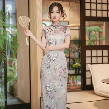 Elegantiškas Klasikinis Gėlių Spausdinti Cheongsam Plius Dydis 4XL Moteris Ilgai Qipao Derliaus Mandarinų Apykaklės Tradiciją Kinų Suknelė Vestidos