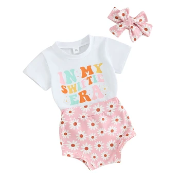 Kūdikio Mergina trumpomis Rankovėmis T-shirt Mini Swiftie Marškiniai Gėlėti Šortai Lankelis 3Pcs Pavasario Vasaros Komplektai
