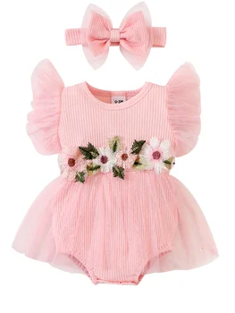 Žavinga Baby Girl Romper Suknelė su Išsiuvinėtu Gėlių Lapai Šonkaulio Mezgimo Skristi Rankoves ir Tiulio Sijonas Jumpsuit - Visiškai su