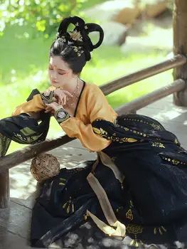 Grįžtant Prie Han Ir Tang Dinastijos Originalus Tradicija Han Kostiumas Kinų Stiliaus Hanfu Sijonas Mergaitėms Geltona Ir Juoda Suknelė Tiktų