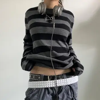 Moteris Pasakos Grunge Mezgimo Basic Marškinėliai Rudenį Y2K Pilkas Juodas Dryžuotas ilgomis Rankovėmis Apvalios Kaklo Viršūnes Emo Tee