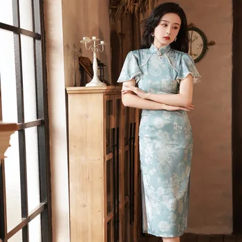 Spausdinti Cheongsam Elegantiškas Viskozė Qipao Moterys Naujas Kinų Stiliaus Suknelė Vasaros Mandarinų Apykaklės Vestidos Pokylių Suknelė