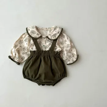 7054 rudenį naujų kūdikių mergaičių drabužių rinkinys gėlių palaidinė ir dirželis šortai korėjiečių drabužius, žalia rinkinys, skirtas kūdikiams, naujagimiams