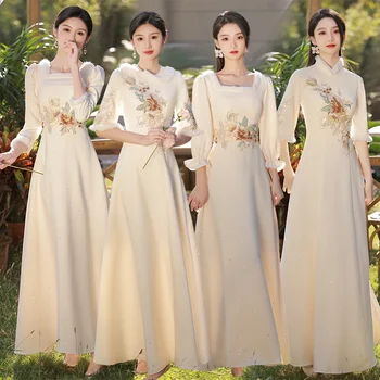 4 Stilius Šampano Bridesmaid Suknelę Naujas Ilgomis Rankovėmis Longuette Vestuves Moterų Svečias Vestidos Kinijos Siuvinėjimo Retro Suknelės