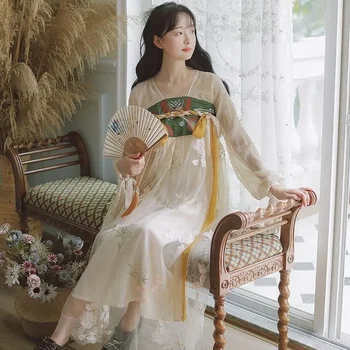 Kinijos Song Dinastija Moterų Šiuolaikinės Hanfu Suknelė Vasaros Šviesios Smėlio Spalvos Gėlių Aplikacija Ilgomis Rankovėmis Hanfu Vestidos Para Mujer
