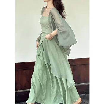 Mėlyna Žalia Hanfu Tiktų Vasaros Naują Kinų Stiliaus Qipao Suknelės Akių Cardigan Dirželis Vestidos Moterų Slim Cheongsams Kostiumai