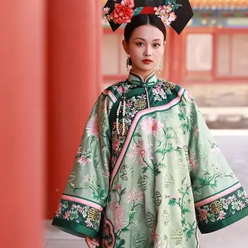 Ming ir Čing Palace Gege Hanfu Šilko Imitacijos Senovės Stiliaus Čing Vėliavos Suknelė Pupelių Žalia Spausdinimo Retro Apsiaustu