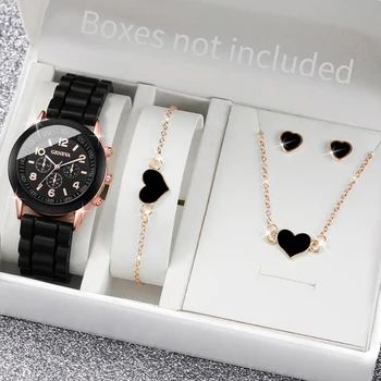 4PCS/Set Ženevos Laikrodžių Mados Silikono Juosta Moterų Laikrodžiai Širdies Papuošalų Komplektas ( Be Dėžutės ）