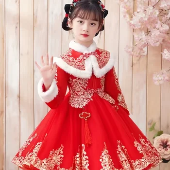 Merginos Raudona Hanfu Naujųjų Metų Tang China Siuvinėjimo Kinijos Mazgas Dekoro Storas Šiltas Šalikas Sujungimas Suknelės Pavasario Šventė Drabužiai