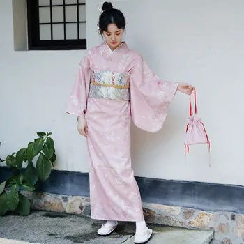 Japonijos Tradicinių Kimono Skraiste Suknelė Moterims Mergina, Pink Gėlių Spausdinti Yukata Chalatas Harajuku Kimono Drabužiais Cosplay Scenos Drabužiai
