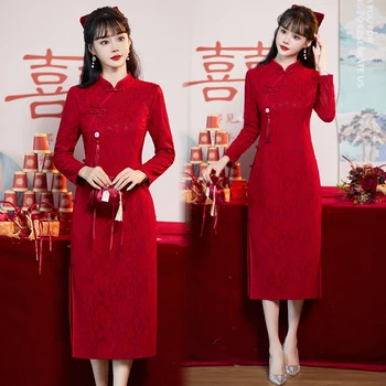Plius Dydis 4XL Raudona Patobulintos Šiuolaikinių Cheongsam Naujas Kinijos Tradicinės ilgomis Rankovėmis Nuotakos Qipao Suknelė CNY