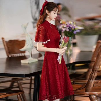 Kinų Stiliaus Vyno Raudona Cheongsam Rytų Nuotaka Vakaro Kostiumas Šalis Suknelės Lady Vestuvių Qipao Klasikinis Tradicinis Qipao Suknelė