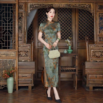 Elegantiškas Mandarinų Apykaklės Qipao Suknelė Šiuolaikinės Šilko Kinijos Tradicinės Moterų Suknelės, Modernios Trumpas Rankovės Cheongsam Vestidos