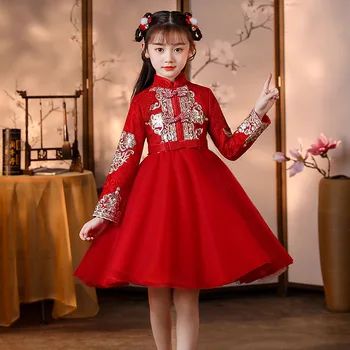 Retro Žiemos Naujas Embroiderd Mergina Hanfu Cheongsam Kinų Tradicija Vestuvių Gėlių Mergaitės Suknelė Puikus Vaikams 2024 Naujųjų Metų Drabužių