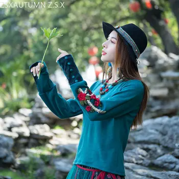 Kinijos Tang Kostiumas, Marškiniai, Elegantiškas Tradicinių Hanfu Viršūnes Siuvinėjimo Nacionalinės Stilius, Plonas T-shirt Moterims, Vintage Palaidinė ilgomis Rankovėmis