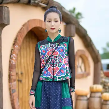 2023 kinijos etninės stiliaus siuvinėjimų įvairių spalvų audinio aplikacijos dizainas vest stovėti apykaklės, rankovių retro stiliaus moterų liemenė s843