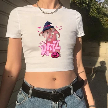 Y2K Gyvūnų rožinė pelės t-shirt moterims, drabužiai Ratz laišką marškinėliai moterims atsitiktinis viršūnes trumpomis rankovėmis Vasarą gotikos moterų marškinėliai