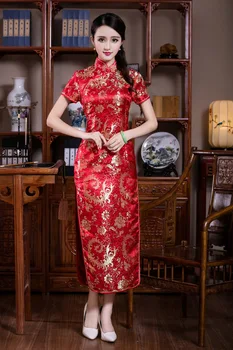 Kinijos Raudona Gėlių Qipao Suknelė Ponios Seksualus, Elegantiškas, Klasikinis Atsitiktinis Suknelės Trumpomis Rankovėmis Rytų Vestidos Ilgai Cheongsam